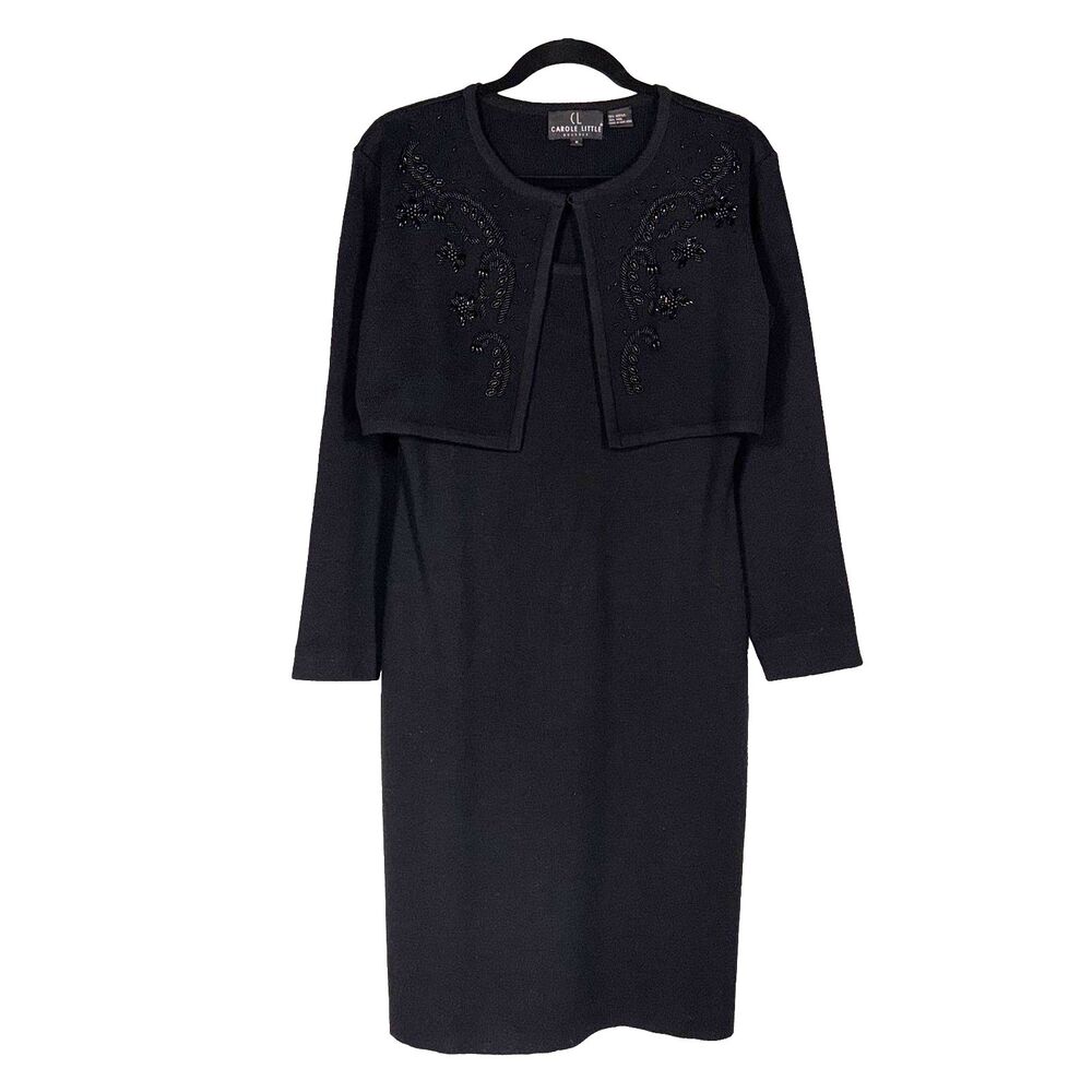 Vintage Carole Little Black Wool Blend Sweater Dress M Beaded Bolero Cocktail